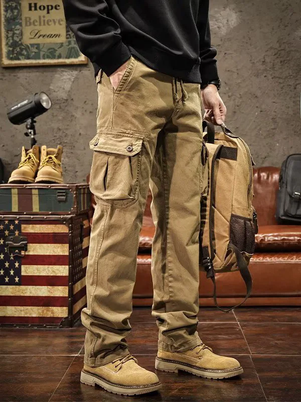 Retro American Straight Leg Work Pants Men's Spring Autumn New Outdoor Casual Loose Pure Cotton Men's Loose Fit Trousers