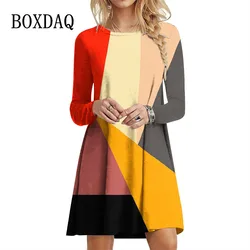 Contrast Color Women Dresses For 2023 Autumn Winter Trend Geometry Graphic Long Sleeve Dress Casual O-Neck Loose Oversized Dress