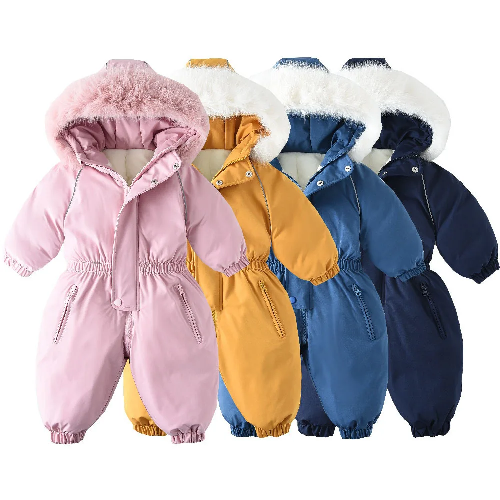 YBFSKID Kid Snowboard Clothing Winter Toddler Girl Snow Suit Solid Zipper Baby Boys Ski Suit Little Boys Fur Lining Hooded Parka