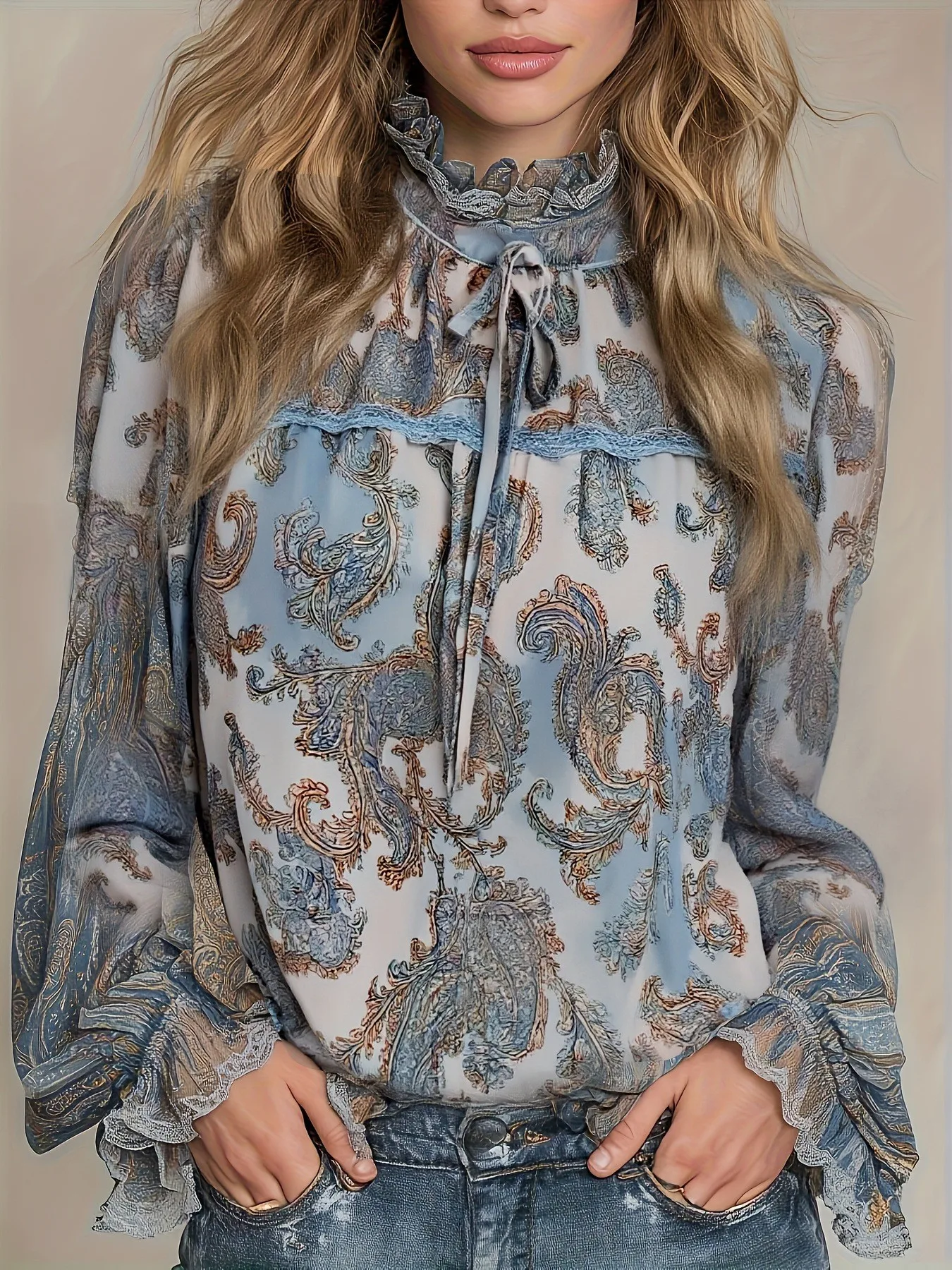 

Весенняя женская одежда: элегантная блузка с цветочным принтом, длинными рукавами, из полиэстера, с рюшами по низу, винтажный топ с полувысоким воротником.