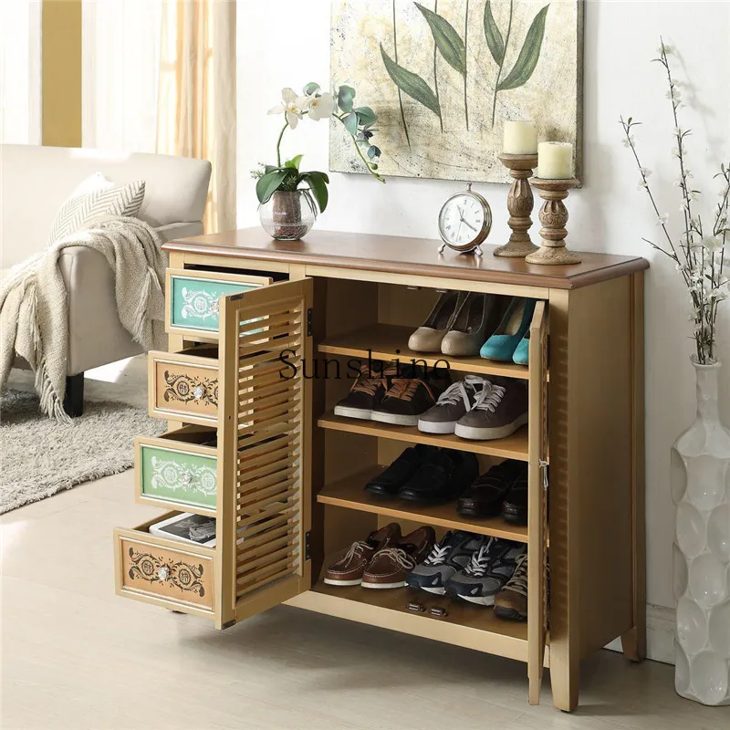 

American solid wood door shoe cabinet balcony multi-functional locker