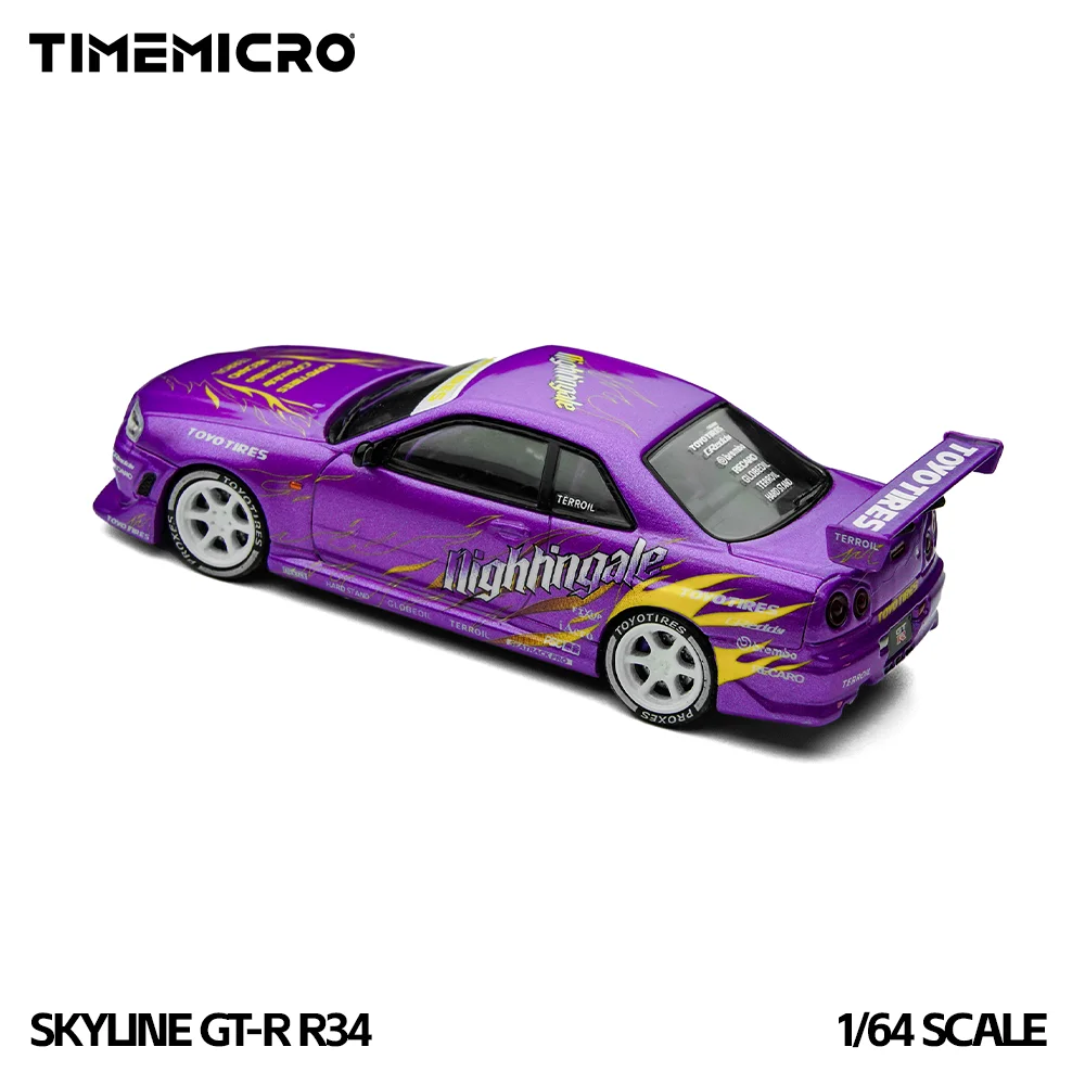 *Preordine*TimeMicro1:64 Skyline GT-R R34 Modello di auto in lega di simulazione viola fiamma alla deriva per hobby, oggetti da collezione e display