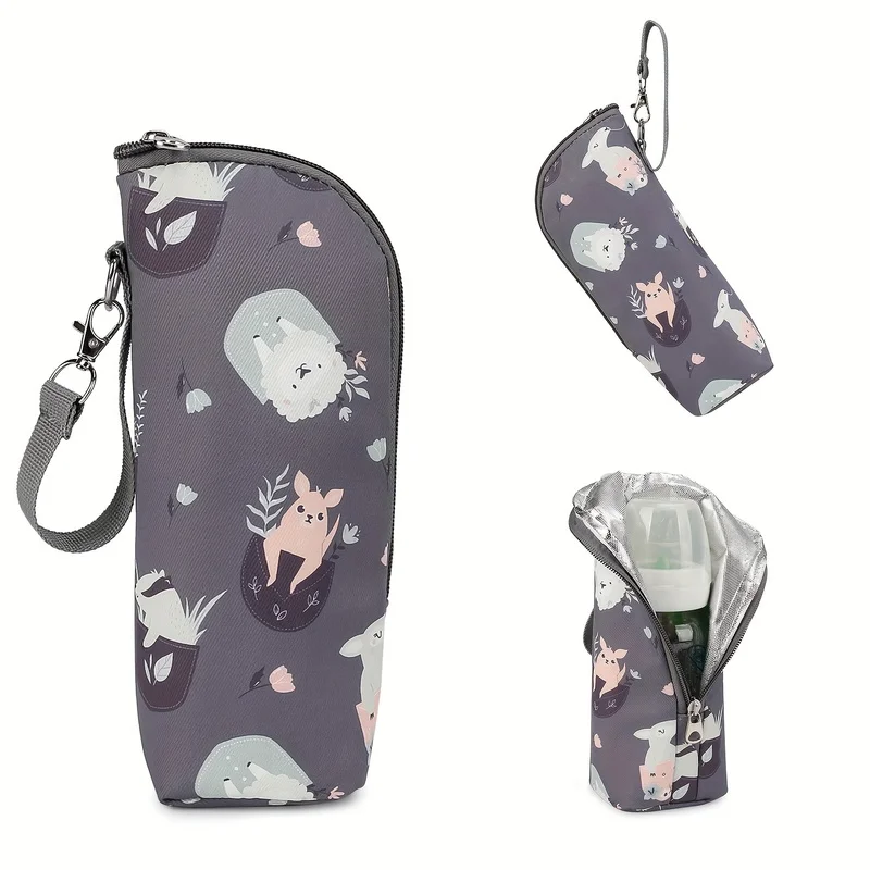 Cute Animal Print Insulated Bottle Bag, Portable Zippered Diaper Bag for Travel Daily Use