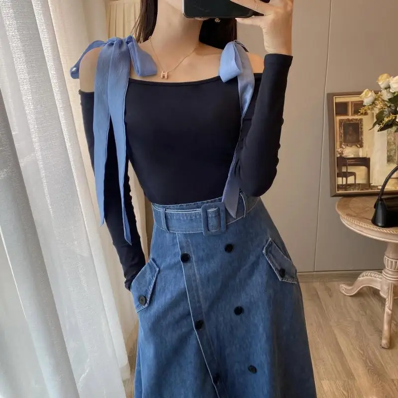 Gonne a trapezio in denim con doppio bottone aggraziato francese 2024 Primavera Estate Coreano Lady Fashion Fashion Gonna divisa Jeans femminili