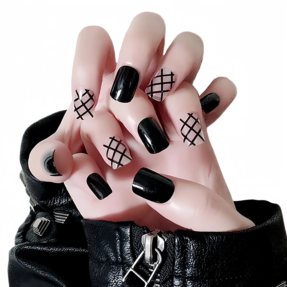 24Pcs Press On False Nails With Glue Sticker Geometric Pattern Shiny Black Artificial Fake Nail DIY Manicure Accessory