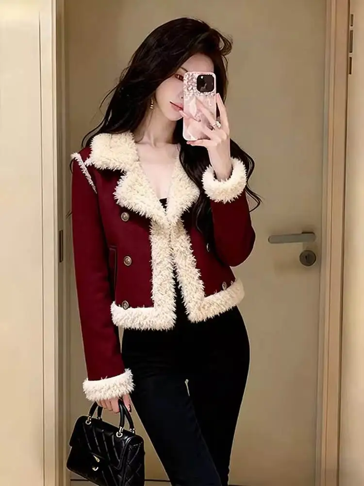 

Red Lamb Velvet ort Jaet Women's Winter Thiened Cisas Unique Beautiful Characteristic Outerwear Korean Sle Straig...