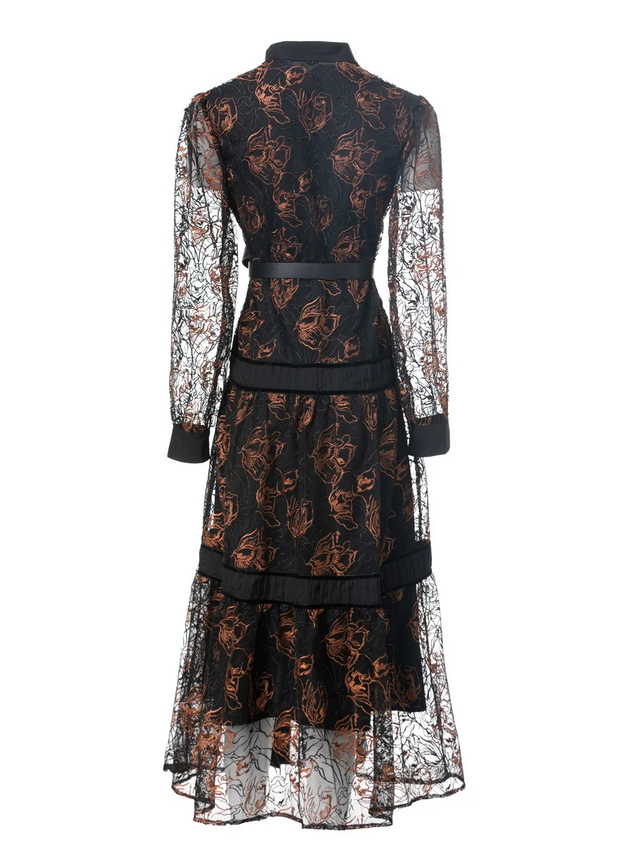 

2025 European and American women's clothing summer new Long sleeve embroidery mesh fashion Pleated dress with belt XXL