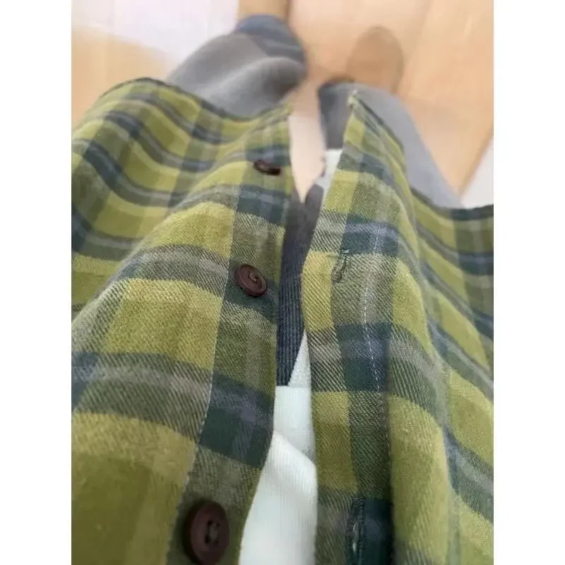 Vintage Green Long Sleeve Plaid Shirt Women's Casual Jacket American Style Autumn New Arrival 2024 Fashionable Ladies Blouse