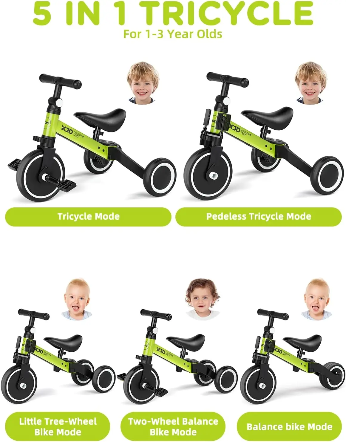 5 in 1 Toddler Bike, Tricycle for Toddlers 1-3 with Adjustable Seat Height, Removable Pedals, Ideal Balance Bike Birthday Gifts