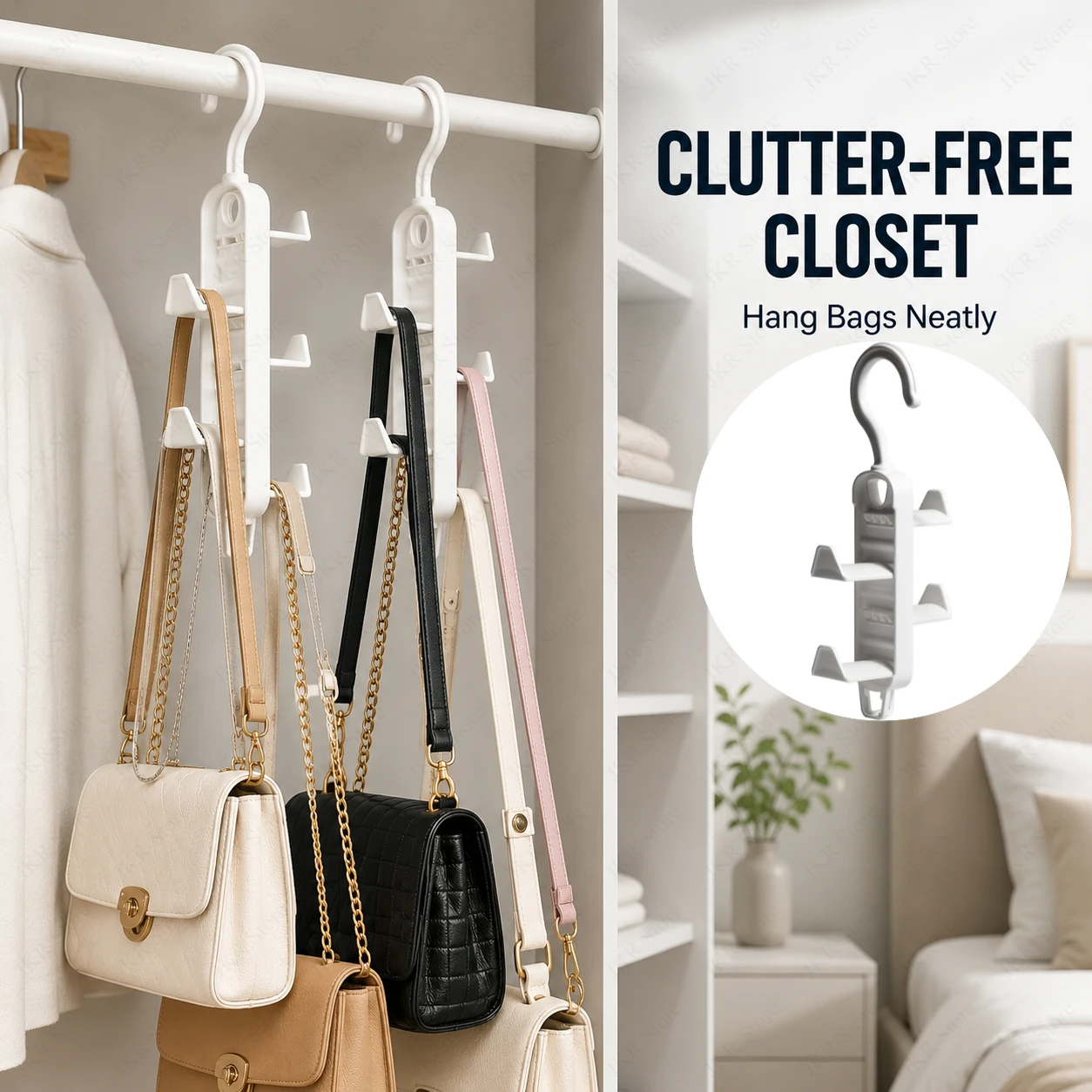 

Closet Handbag Hanger Rack Wardrobe Storage Organizer for Purses Bags Hats Scarves Clothes Bedroom Space Saving Use