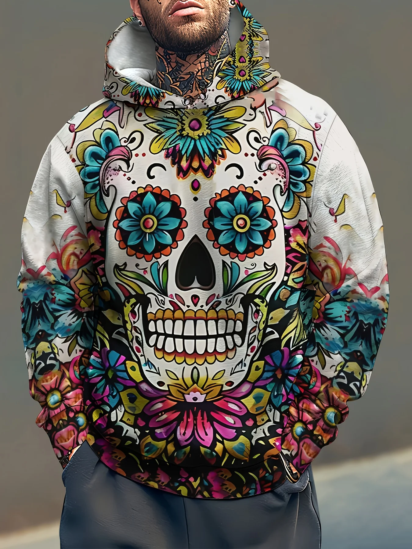 سترة بغطاء للرأس بأكمام طويلة مطبوعة على شكل جمجمة للرجال من Day of the Dead المكسيكي، بلوزة رياضية كاجوال مع جيب للربيع والخريف