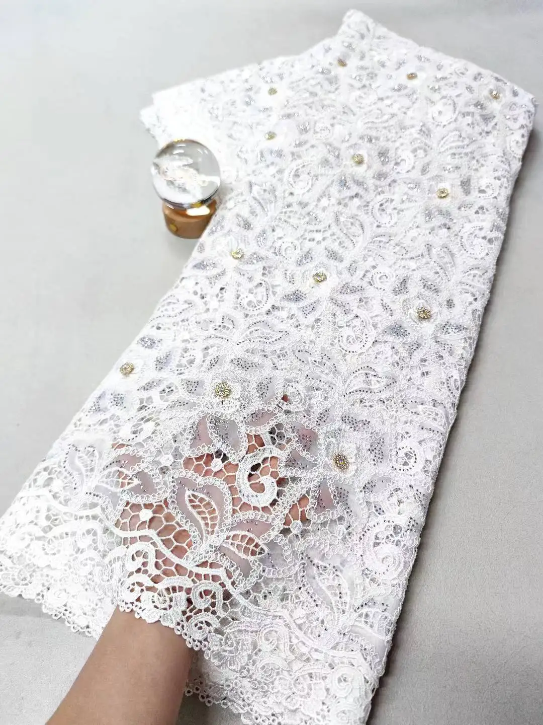 

2025 African Nigerian High Quality With Tulle Sewing Lace Fabric Guipure Embroidery Dresses Beads Stone Sequins 5yards XL117