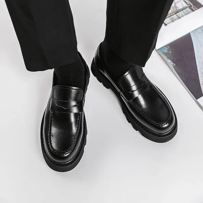 Men Harajuku Korean Man Leather Shoes Streetwear Fashion Business Casual Thick Platform Genuine Leather Wedding Men Loafers Shoe