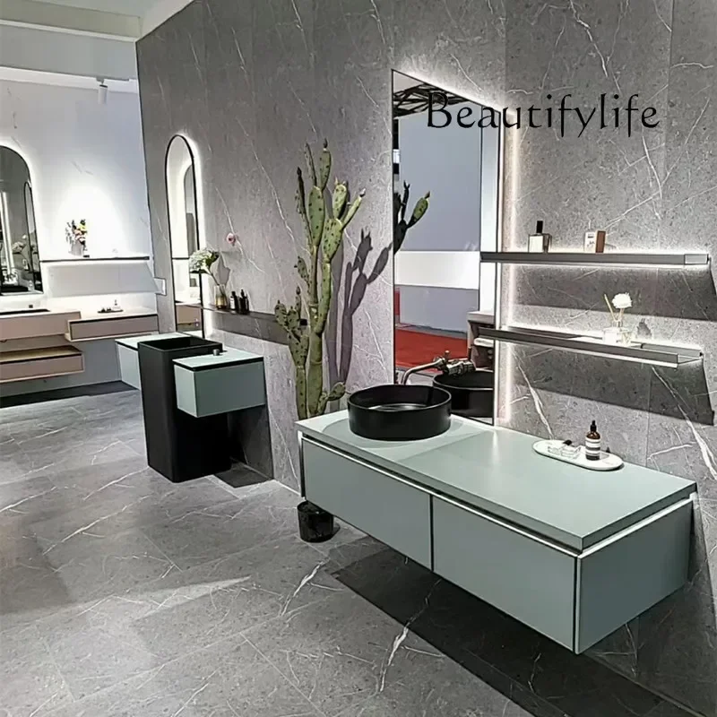 

Q Green bathroom cabinet combination Italian simple intelligent solid wood rock slab table basin washing table