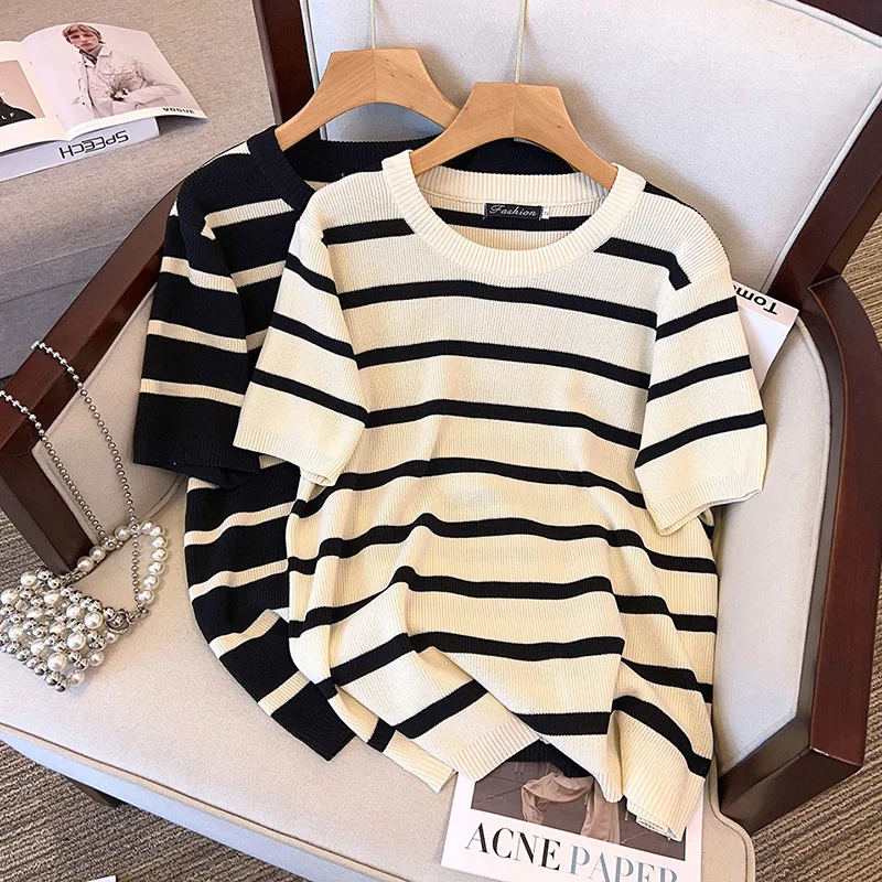 

Large Size Women Clothing Ice Silk Knitted Tops Chubby Female Show Slim 100/150/175kg Short Sleeved Striped T-shirt 6XL 7XL Tees