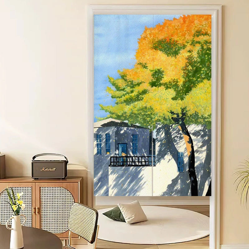 VIKAMA Fresh and Natural Scenic Door Curtain, Japanese-Style Half-and-Half Door Curtain, Kitchen Privacy Screen and Home Decor