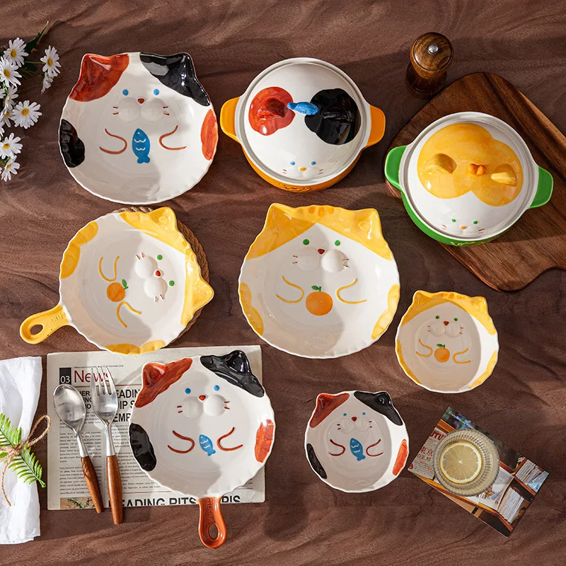 Ceramic Cartoon Cat Noodle Bowl for Children, Japanese Rice Bowl, Salad Bowl, Ceramic Dinner Plate for Kids，Crockery