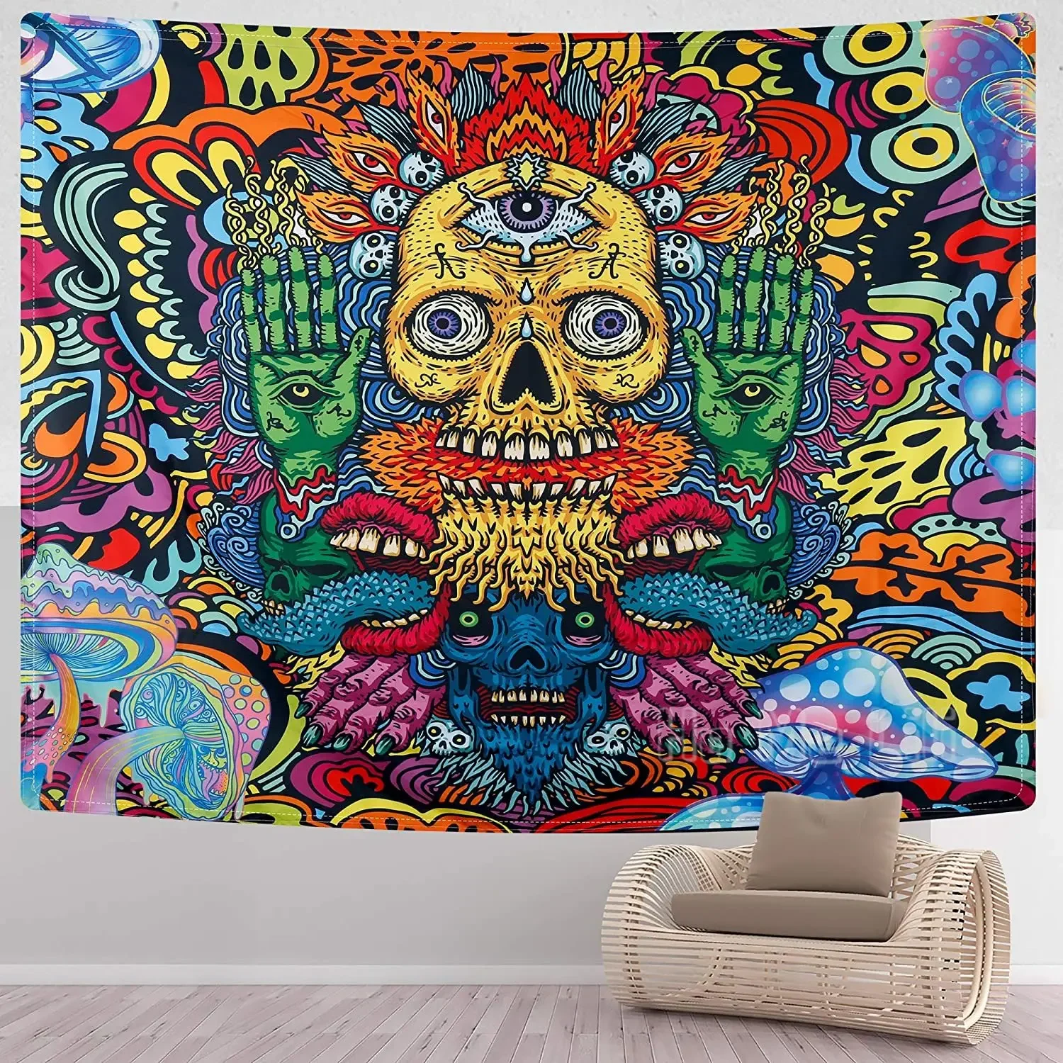 Trippy Skull Tapestry Mushroom  horror Monster And Evil Eyes Tapestry Satanic Wall Hanging For Room