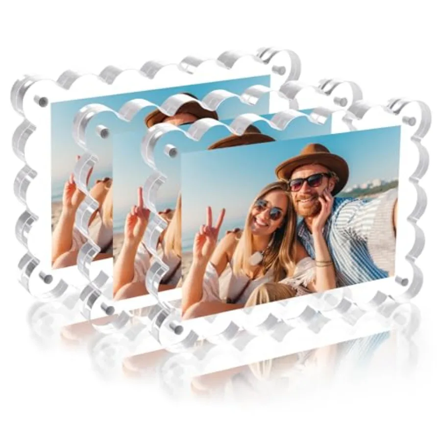 

3 Pack Acrylic Magnetic Picture Frames Inch Double Sided Scalloped Design 10mm+10mm Thick Clear Block for Any Room Home or Offi