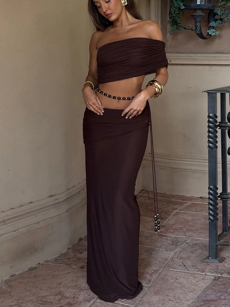 

Сексуальный комплект из двух предметов Weird Puss: топ без бретелек с асимметричным вырезом и бусинами + юбка-карандаш персикового цвета для отпуска