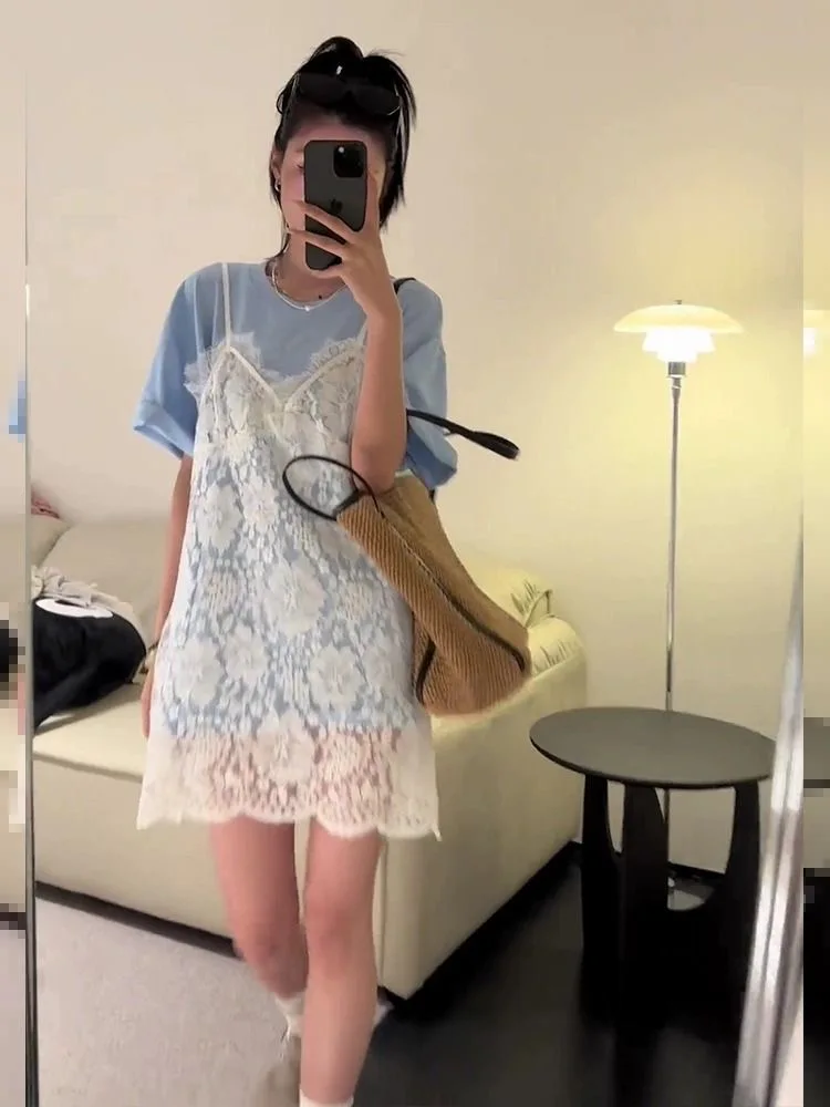 Abito sottoveste in pizzo con occhielli bianchi con scollo a V Abito estivo trasparente in un unico pezzo da donna Elegante abito corto coprente senza maniche da donna