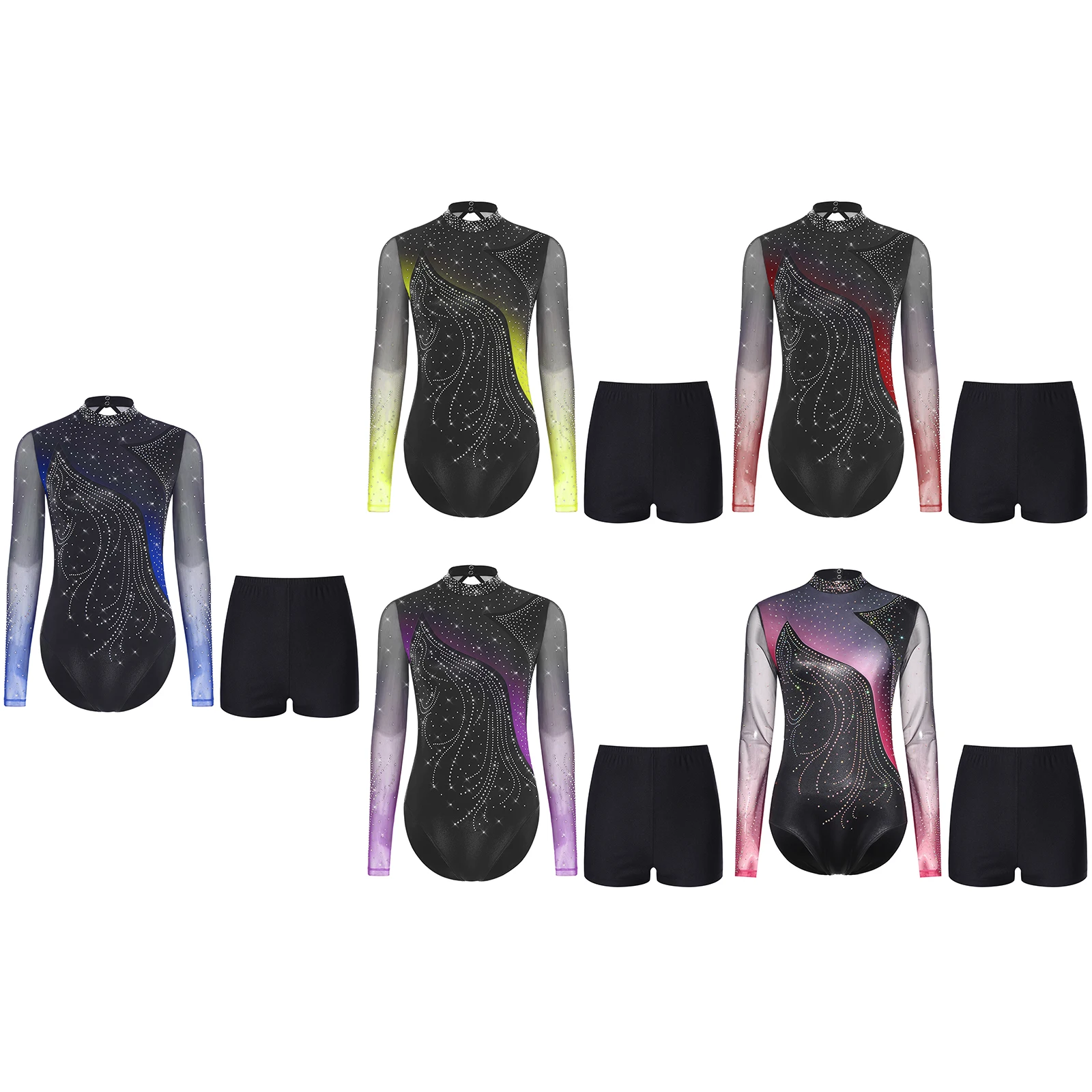 Body de baile de Ballet calado de manga larga para mujer y pantalones cortos de baile para competición de actuación de baile de Jazz, Salsa latina, Tango