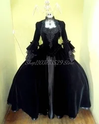 Black European Classic Victorian Prom Dress Elegant Square Neck Lace Applique Velvet Flared Sleeves Ruffled Puff Vestido Festa