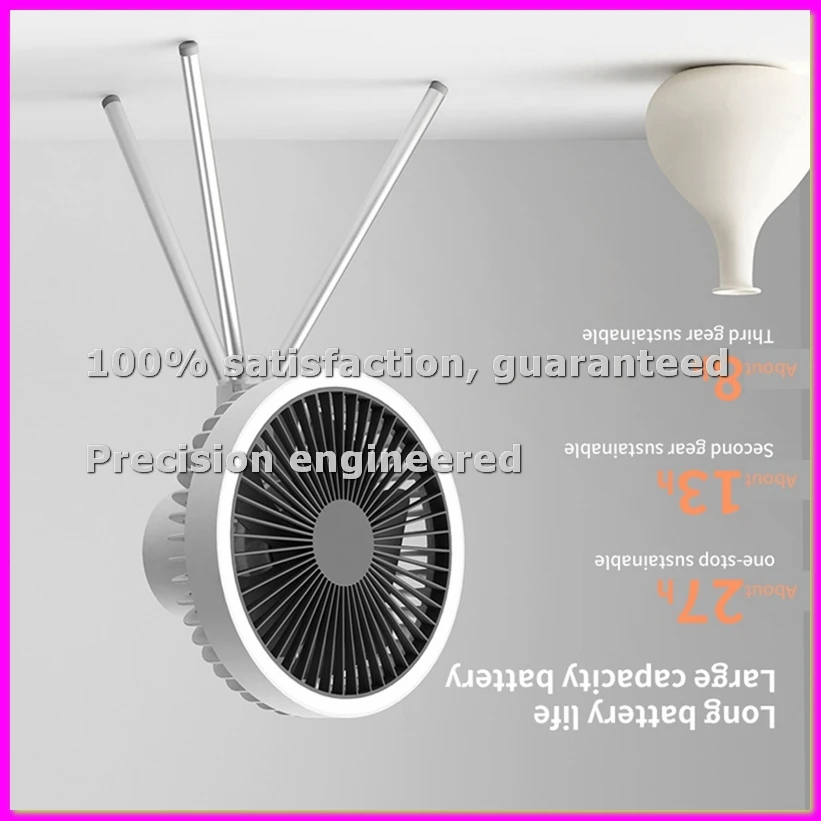 10000mAh Outdoor Camping Rechargeable Fan Wireless Tent Electric Ceiling Fan with External LED Lighting Battery B-AD23
