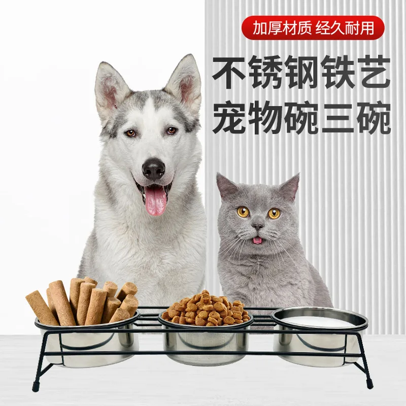 Metal Frame 3-Bowl Pet Feeder, Removable Stainless Steel Dog Cat Bowl, Shatterproof Easy Clean