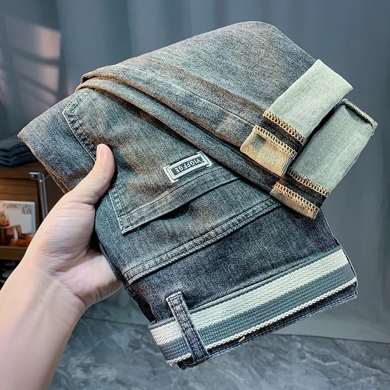 2024 Spring and Summer Thin Jeans Men's Micro Loose Elastic Slim Fit Skinny Pants Trendy Cropped Embroidered Pants