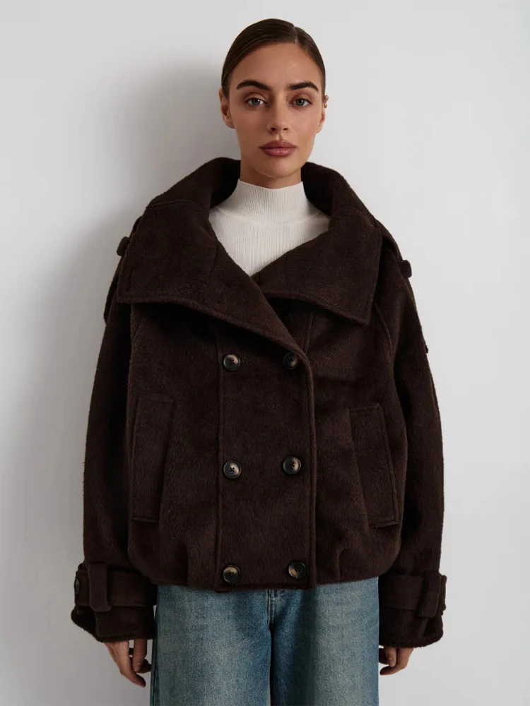 Women Brown Coat Wide Lapel Double Breasted Epaulet Loose Drop Shoulder Strap Cuff Patch  Vintage Autumn Winter Woolen Outerwear