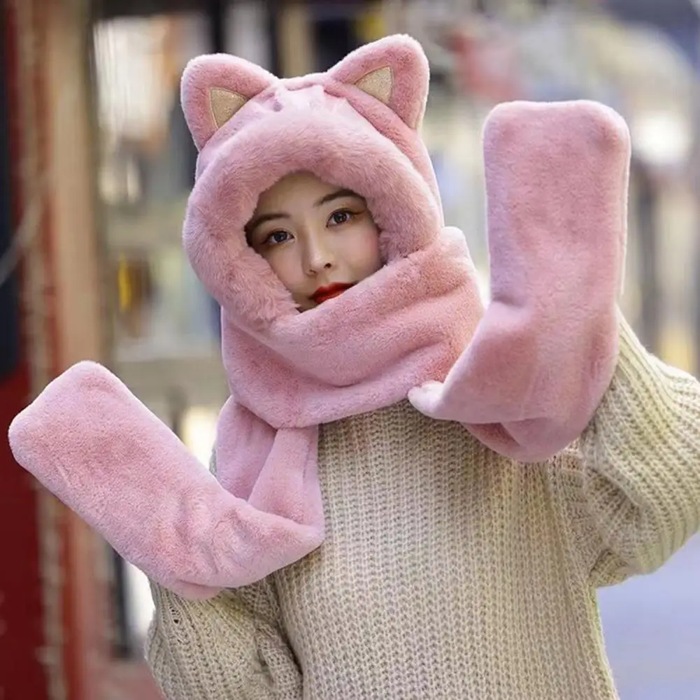 Women Hat Solid Color Cat Ears Design Thickened 3-In-1 Faux Fur Windproof Plush Thermal Hat Scarf Gloves Outdoor Wear