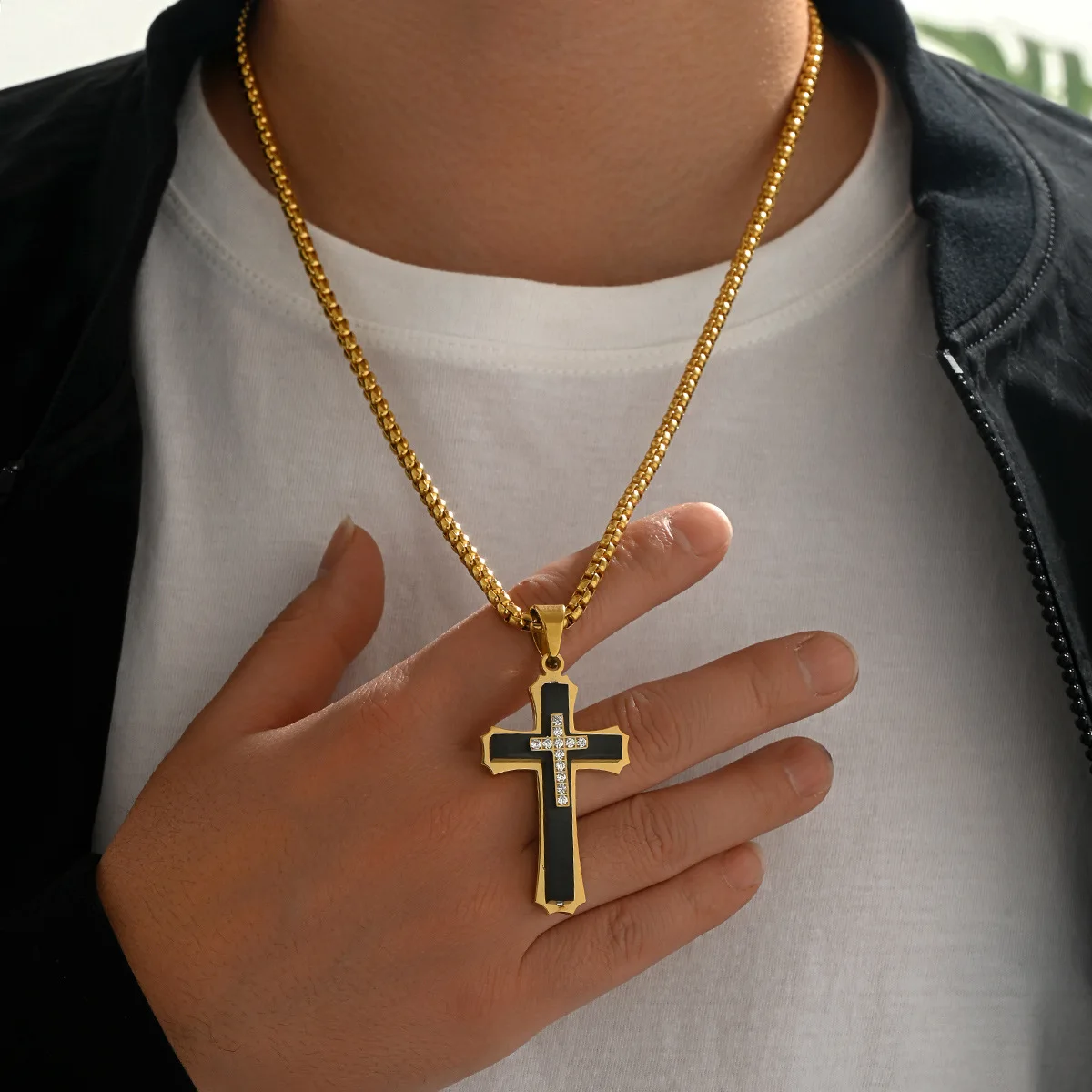 Stainless Steel Men's Multi-layered Cross Necklace with Crystals Zircon Pendant Rolo Chain 24inch GX2685J