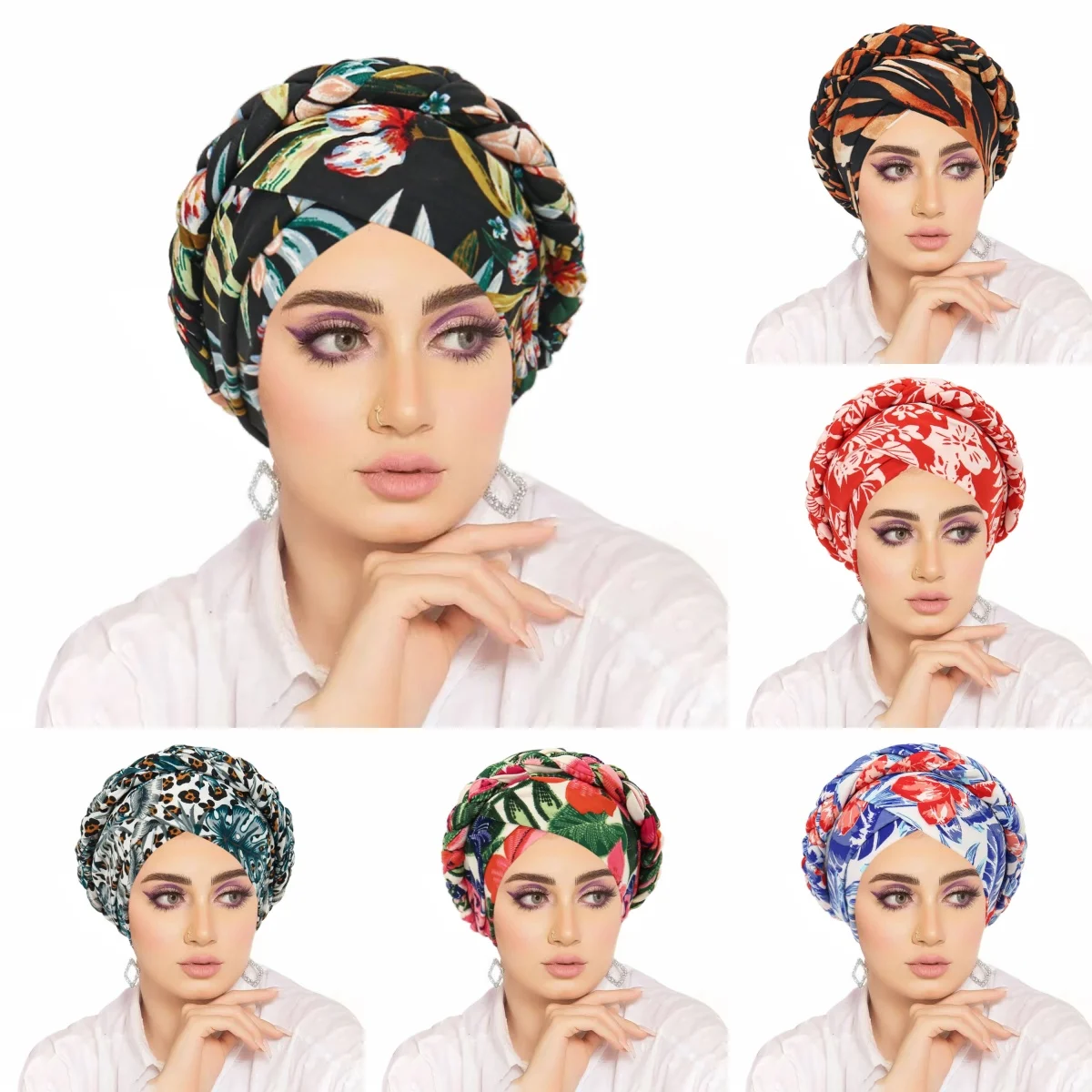 New Braid Hijabs Women Cross Forehead Trendy Print Muslim Woman Turban for Party Elegant Islamic Headwrap Elastic Hijab Bonnets