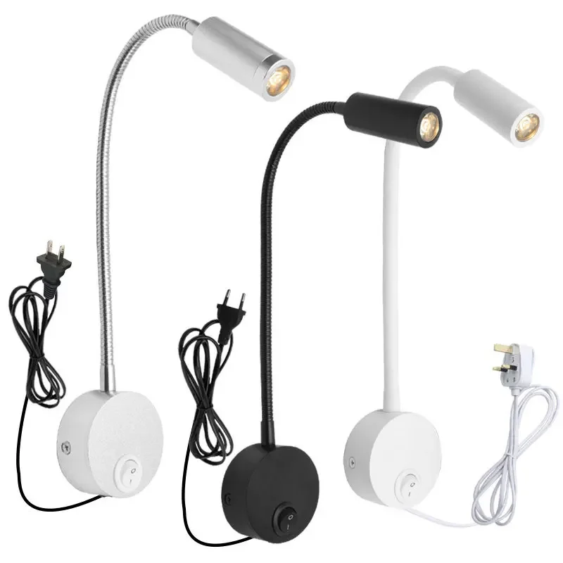 20263W LED Hose Reading Lamp With Plug Cable Bedside Reading Lamp 3W Bedside Hose Wall Lamp