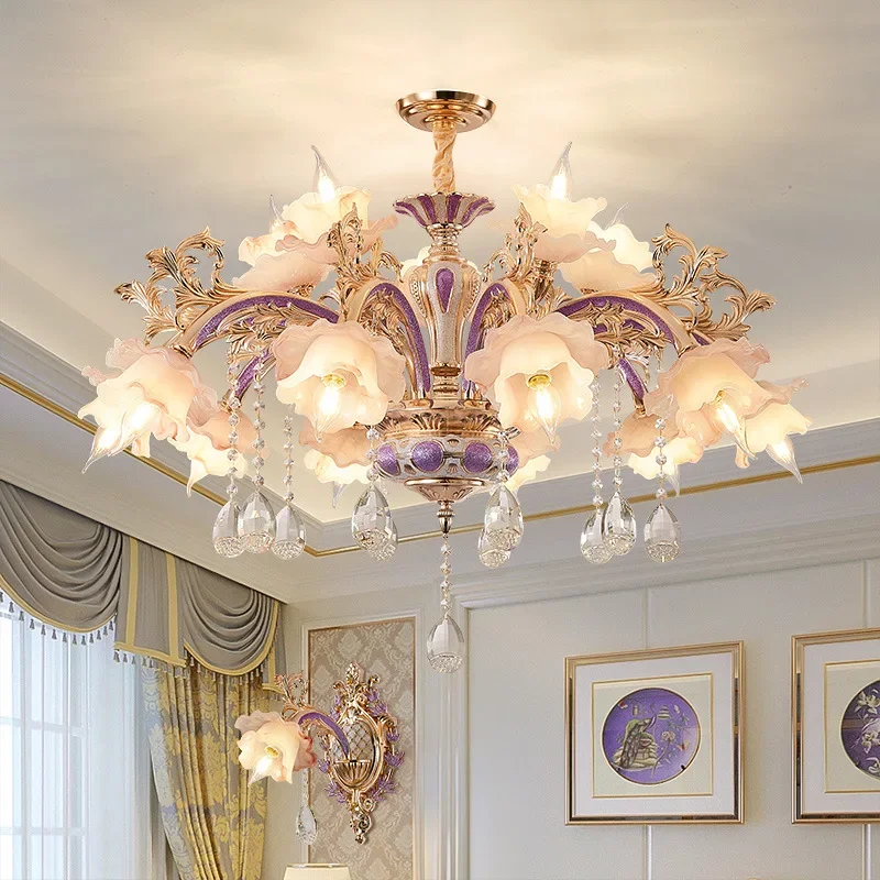 Chandelier purple princess room girl wedding crystal chandelier livingbedroom zinc alloy luxury European lamp