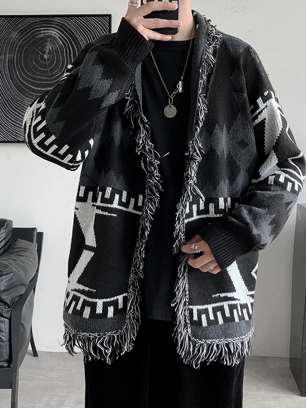 

Retro Ethnic Geometric Knitwear Men's Loose Outerwear Long Cardigan Breathable Casual Sle Polyester Fiber V-Ne Sve
