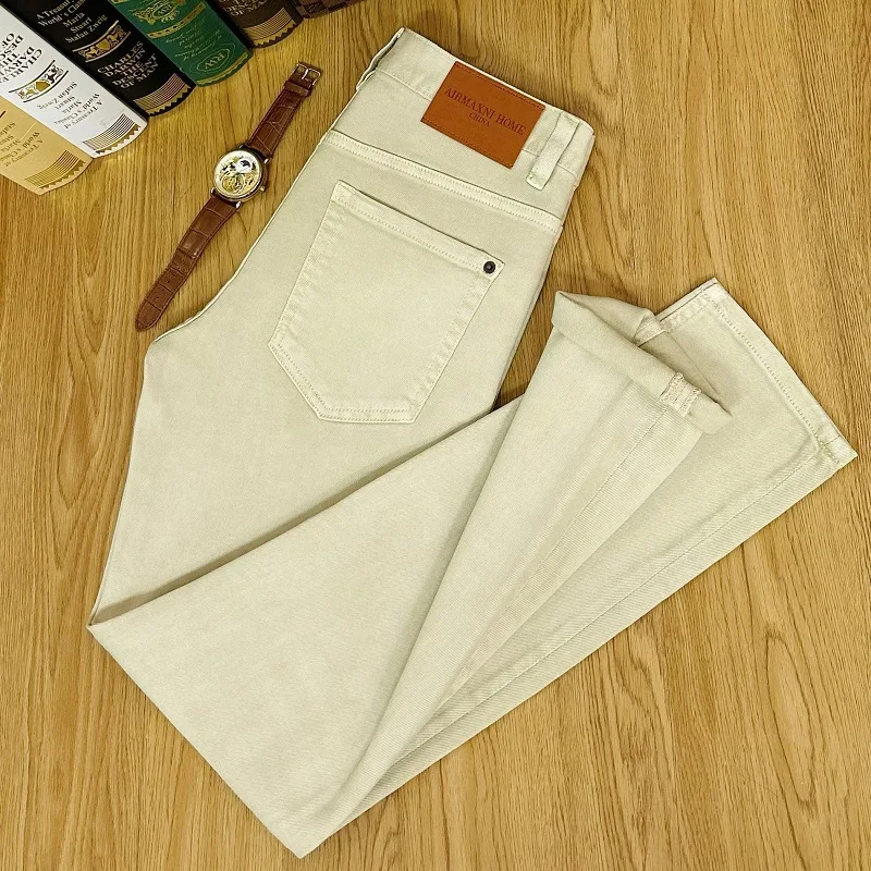 Khaki Jeans for Men2024Year Spring and Summer Thin Versatile Simple Classic Washed Stretch Slim Fit Ankle Tight Trousers
