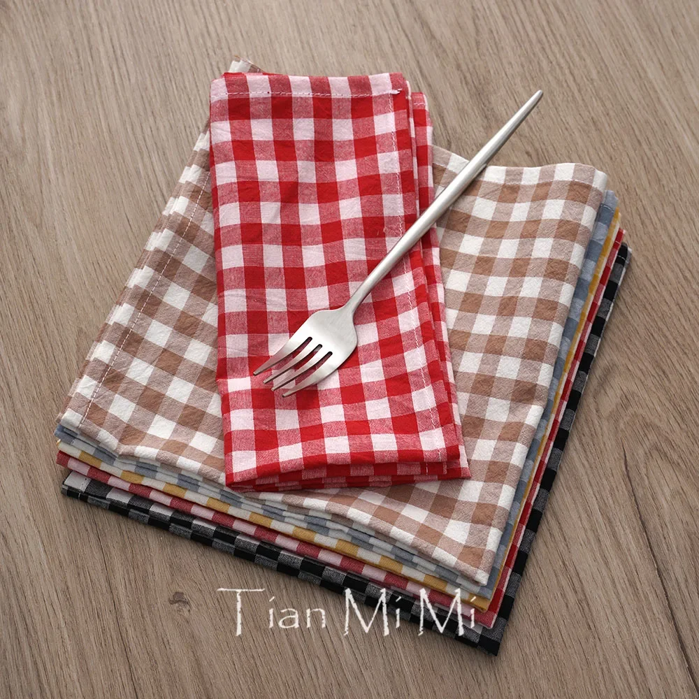 1-24pcs Napkin 42x42cm Small Check 100% Cotton Cloth Gingham Table Napkin for Wedding Party Khaki Dusty Blue Red Black Yellow