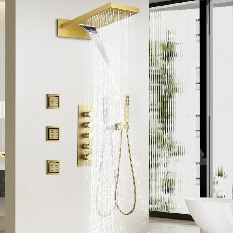 

Modern brass shower bathroom multifunctional constant temperature rain shower waterfall shower system massage set