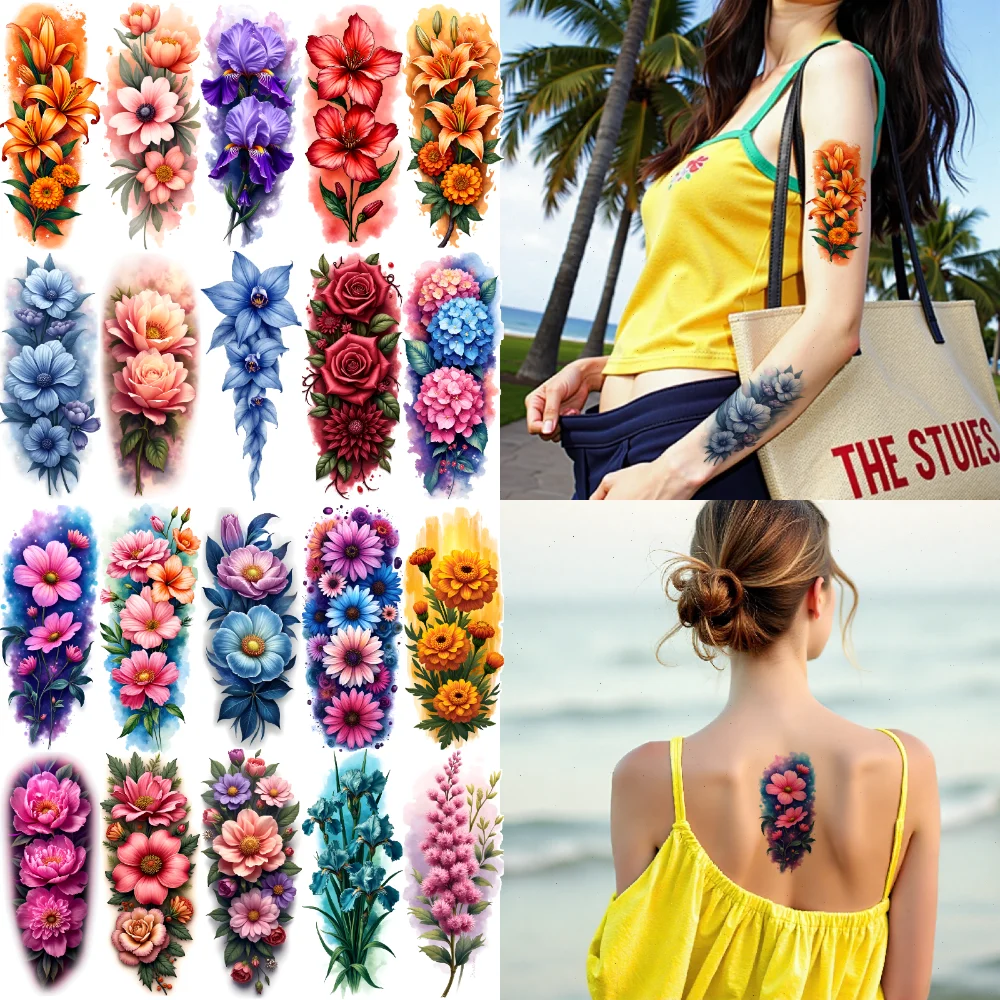 

12 шт., временные татуировки с цветочным узором, красочные реалистичные цветочные узоры, красочные цветы, реалистичные временные татуировки для взрослых