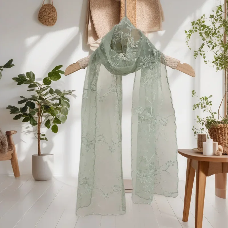 

30*136cm Elegant Floral Embroidered Lace Scarf, Korean Style Silk Shawl, Retro Women's Summer Wrap