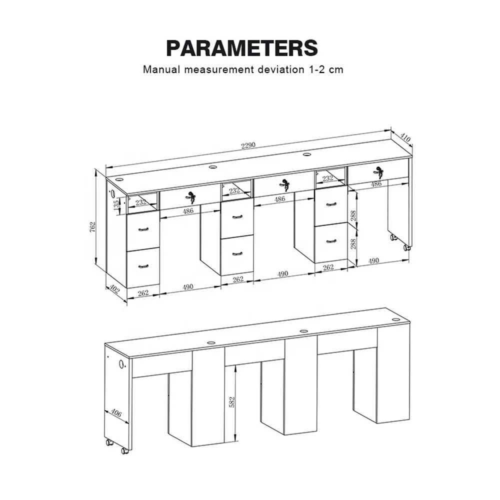 Furnitur Salon Kecantikan Mewah Modern Meja Manikur Hitam Tiga Stasiun Kuku Spa Kotor Tinggi Atas Kuarsa dengan Roda