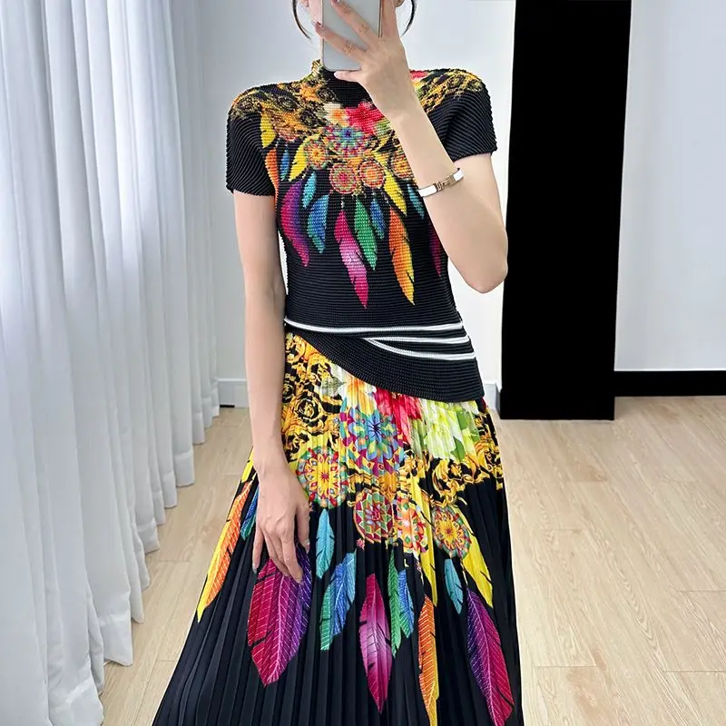 Retro set summer new short sleeved top+printed pleated skirt two-piece set