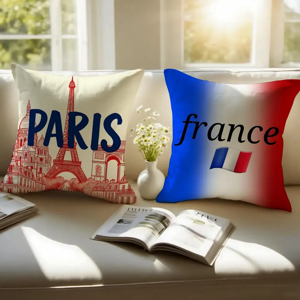 Romantic Travel P-Paris France Cushion Cover Pillowcase Anti-dustmite Invisible Zipper Short Plush Sofa Cushion