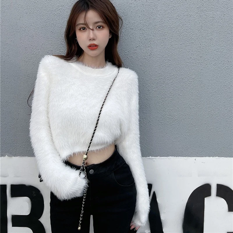 Rimocy Faux Mink Hair Cropped Sweaters Women Korean Fashion Long Sleeve Fluffy Sweater Woman Chic Solid Color Round Neck Jumpers