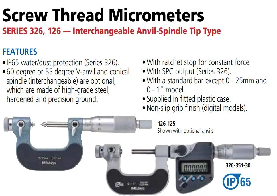 326-251-30 TMC-25MX Measuring Range 0-25mm Interchangeable Anvil-Spindle Tip(optional) Digital Screw Thread Micrometers