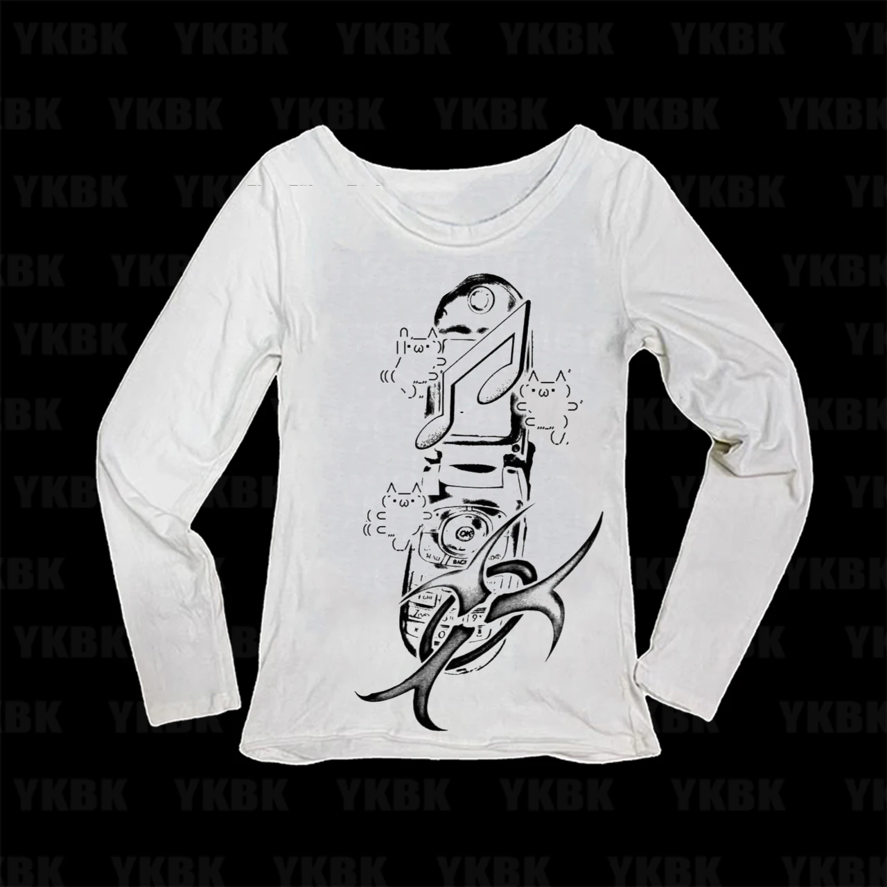 Y2K Flip Phone ASCII Cat Music Graphic Print Women Long Sleeve T‑Shirt Slim Fit Cyber Nostalgia Ladies Tops