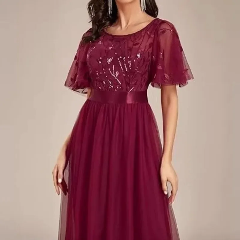 Maroon Leaf Embroidery Tulle Floor Dress Ladies Round Neck Ruffle Short Sash Waist African Church Mother of Bride Custom Dress