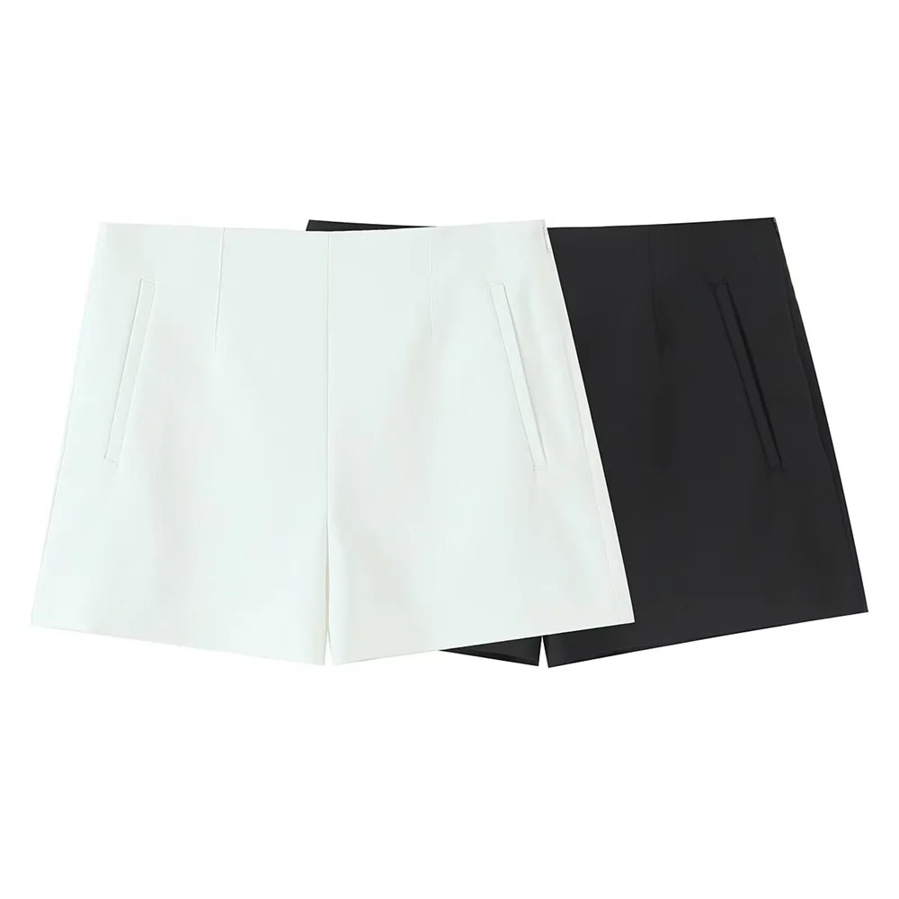 

PB&ZA 2025 Women's High - Waisted Tailored Shorts in White and Black with Side Pockets for a Chic and Versatile Look